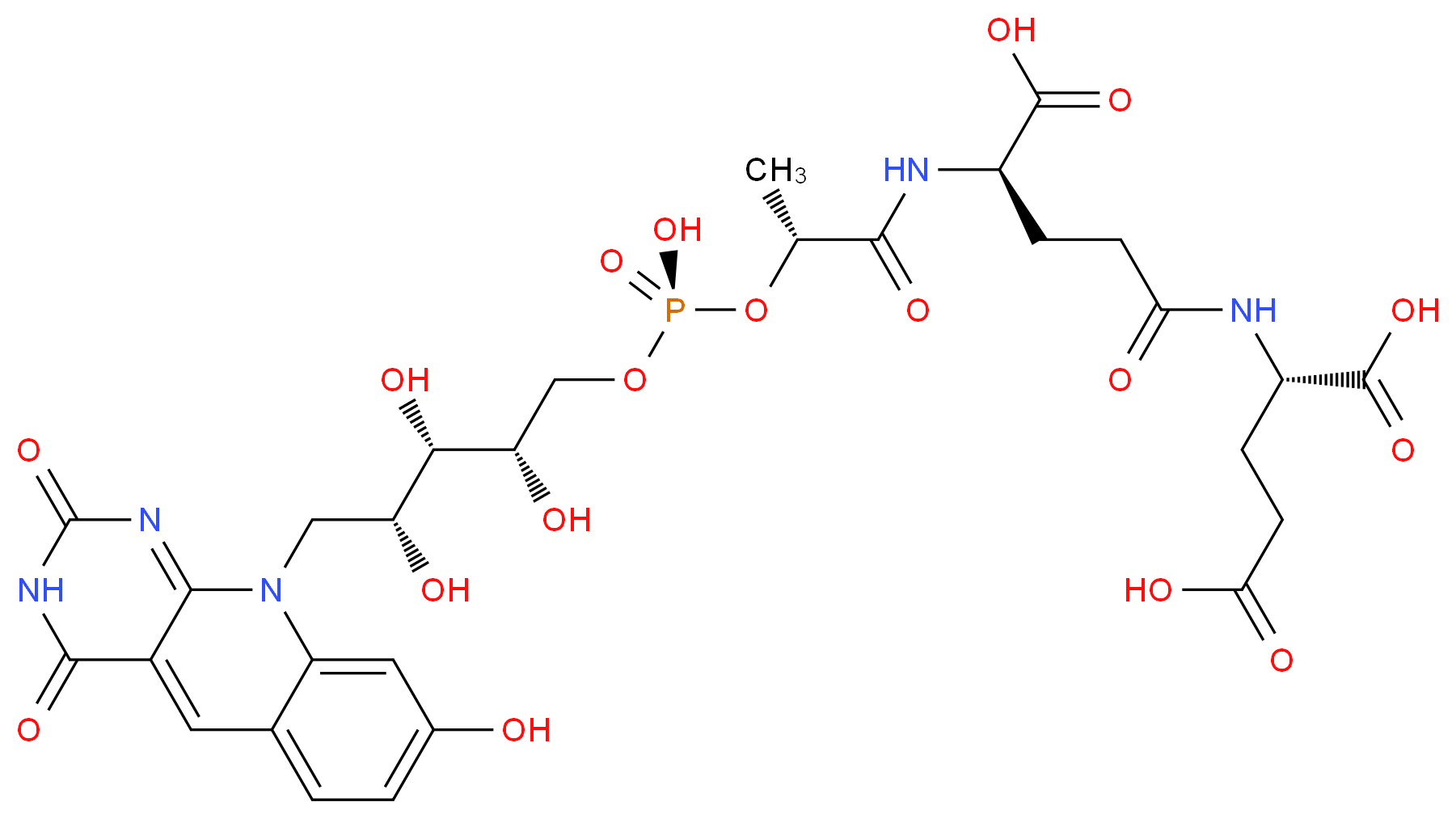 (2S)-2-[(4R)-4-carboxy-4-[(2R)-2-{[hydroxy({[(2S,3S,4R)-2,3,4-trihydroxy-5-{8-hydroxy-2,4-dioxo-2H,3H,4H,10H-pyrimido[4,5-b]quinolin-10-yl}pentyl]oxy})phosphoryl]oxy}propanamido]butanamido]pentanedioic acid_分子结构_CAS_64885-97-8