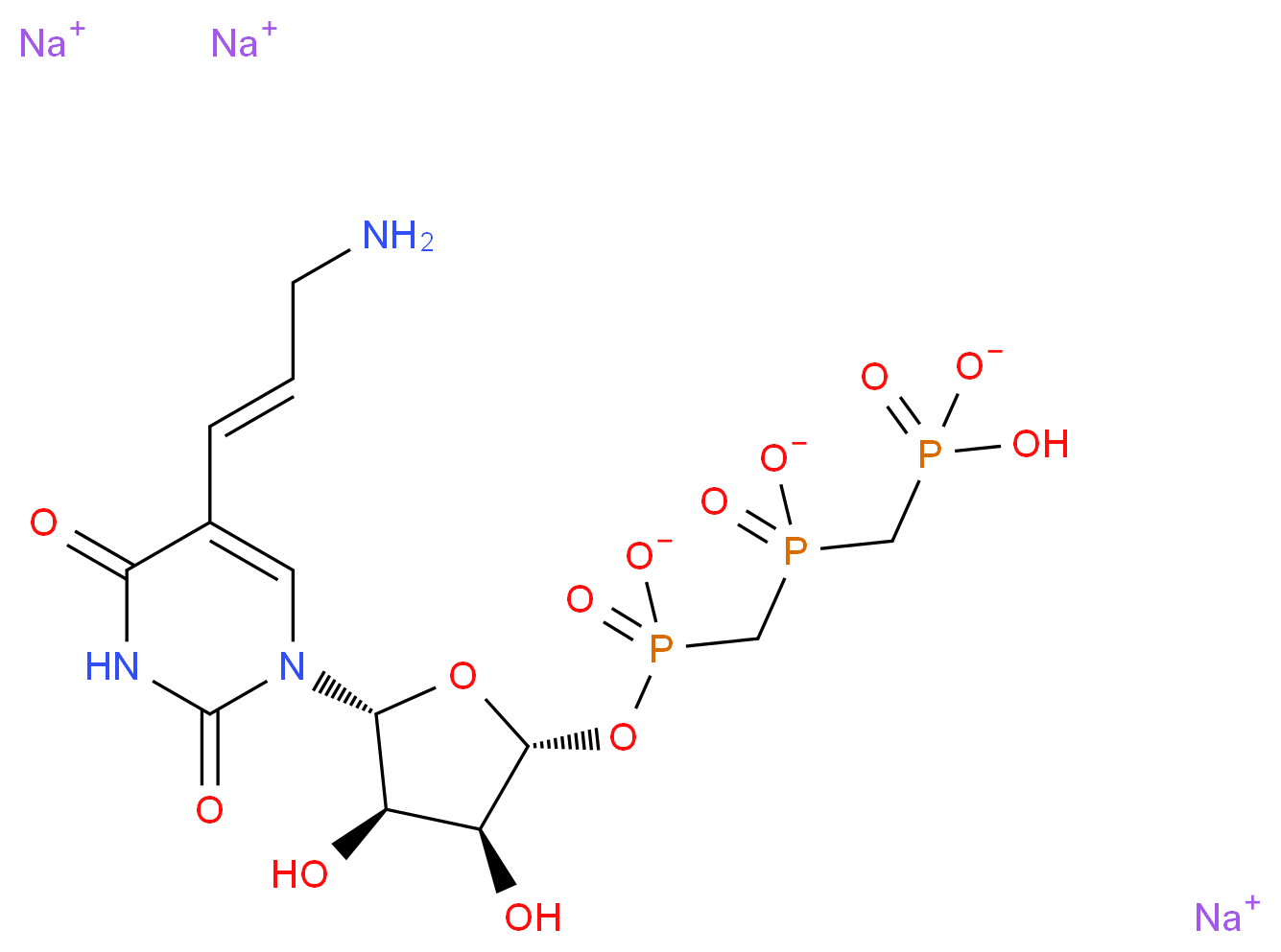 trisodium (2R,3S,4R,5R)-5-{5-[(1E)-3-aminoprop-1-en-1-yl]-2,4-dioxo-1,2,3,4-tetrahydropyrimidin-1-yl}-3,4-dihydroxyoxolan-2-yl {[(hydrogen phosphonatomethyl)phosphinato]methyl}phosphonate_分子结构_CAS_75221-88-4