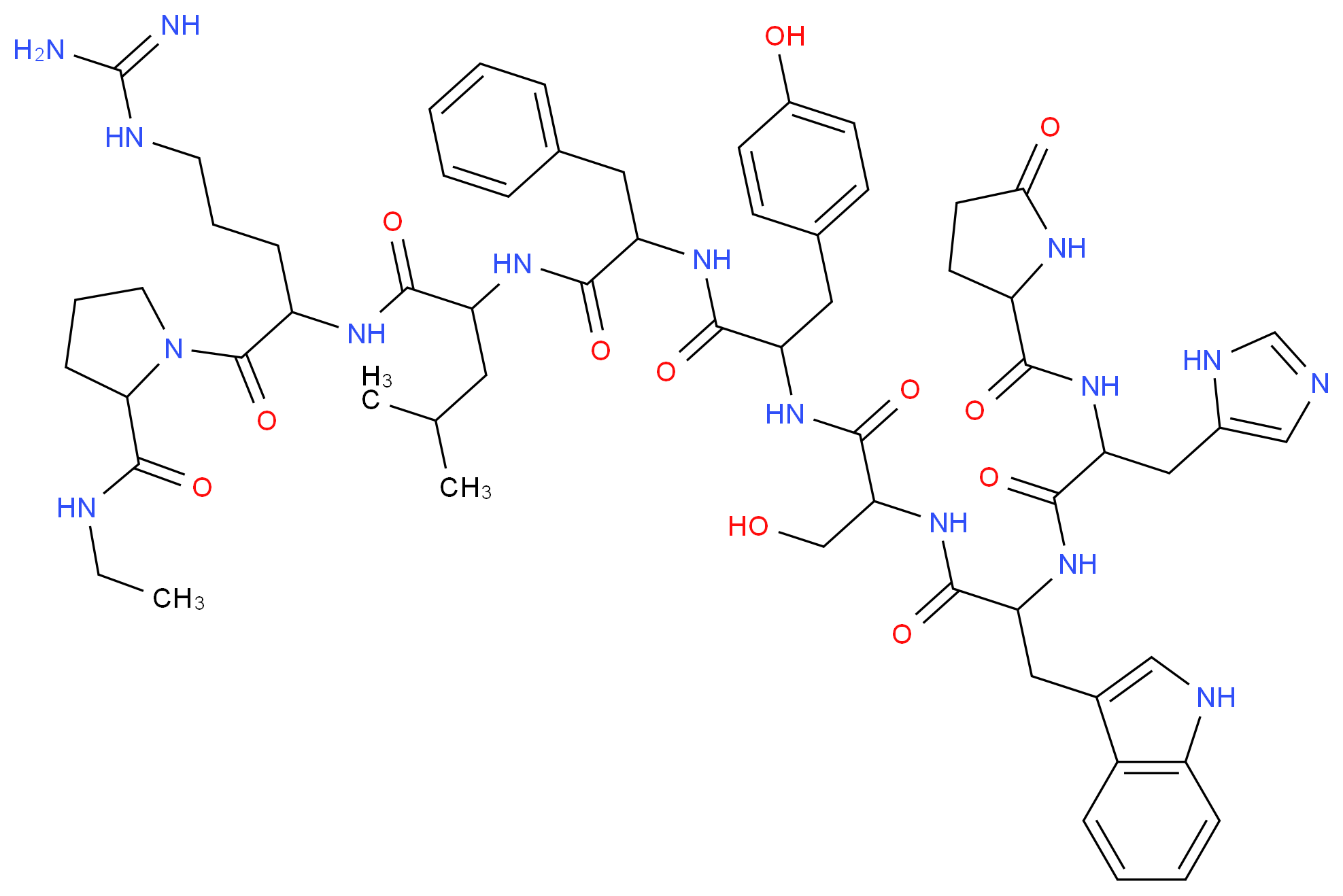 1-[5-carbamimidamido-2-(2-{2-[2-(3-hydroxy-2-{2-[3-(1H-imidazol-5-yl)-2-[(5-oxopyrrolidin-2-yl)formamido]propanamido]-3-(1H-indol-3-yl)propanamido}propanamido)-3-(4-hydroxyphenyl)propanamido]-3-phenylpropanamido}-4-methylpentanamido)pentanoyl]-N-ethylpyrrolidine-2-carboxamide_分子结构_CAS_57773-64-5