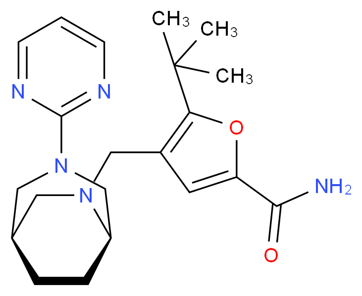 5-tert-butyl-4-{[(1R*,5R*)-3-pyrimidin-2-yl-3,6-diazabicyclo[3.2.2]non-6-yl]methyl}-2-furamide_分子结构_CAS_)