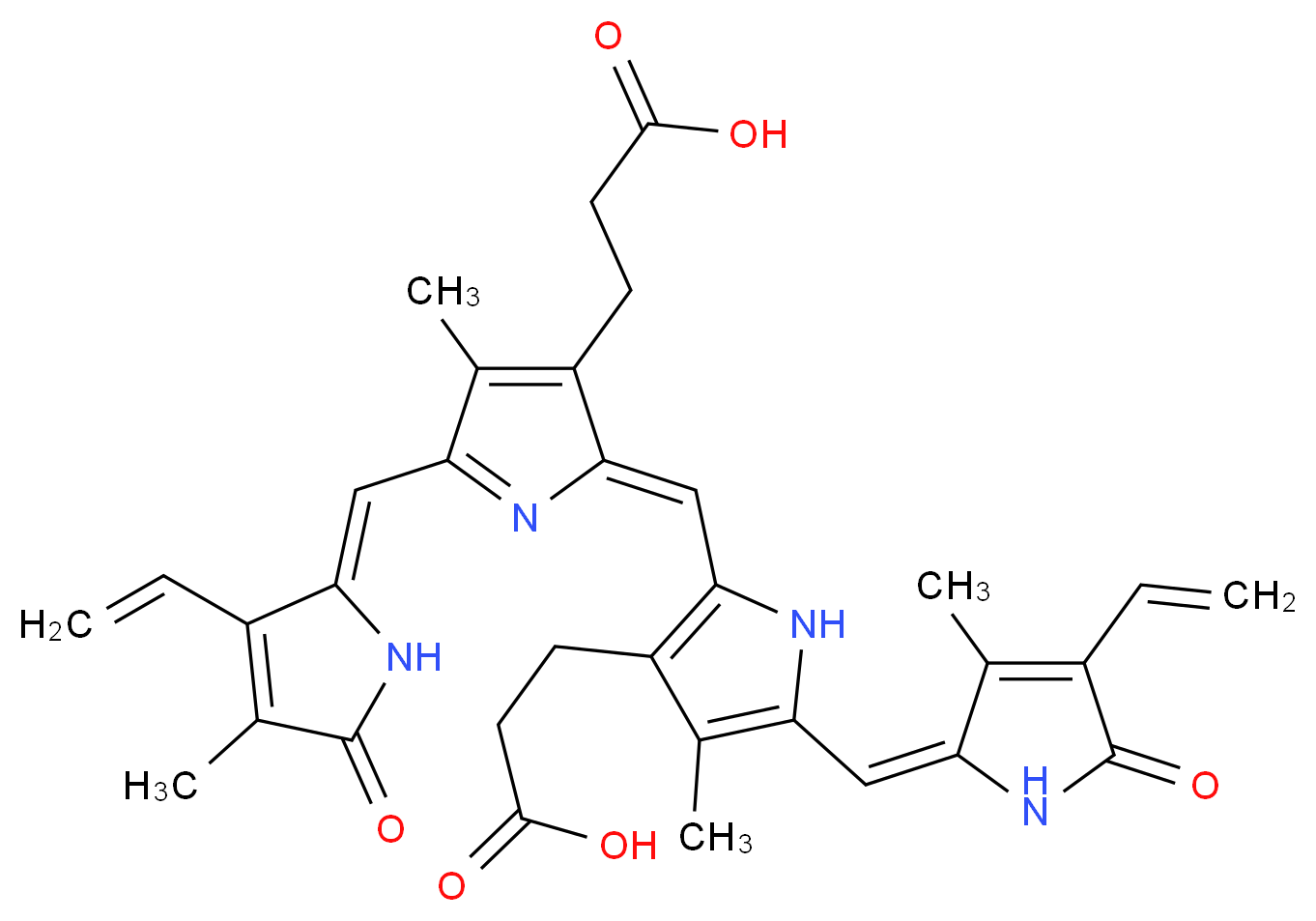 3-[(2Z)-2-{[3-(2-carboxyethyl)-5-{[(2E)-4-ethenyl-3-methyl-5-oxo-2,5-dihydro-1H-pyrrol-2-ylidene]methyl}-4-methyl-1H-pyrrol-2-yl]methylidene}-5-{[(2Z)-3-ethenyl-4-methyl-5-oxo-2,5-dihydro-1H-pyrrol-2-ylidene]methyl}-4-methyl-2H-pyrrol-3-yl]propanoic acid_分子结构_CAS_114-25-0