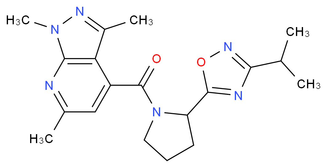 4-{[2-(3-isopropyl-1,2,4-oxadiazol-5-yl)-1-pyrrolidinyl]carbonyl}-1,3,6-trimethyl-1H-pyrazolo[3,4-b]pyridine_分子结构_CAS_)