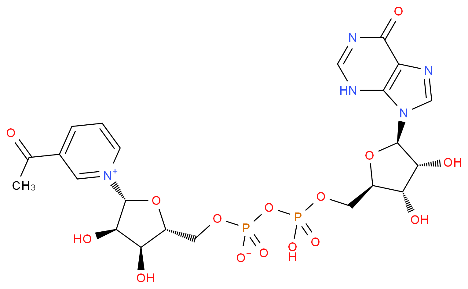 3-acetyl-1-[(2R,3R,4S,5R)-5-{[({[(2R,3S,4R,5R)-3,4-dihydroxy-5-(6-oxo-6,9-dihydro-3H-purin-9-yl)oxolan-2-yl]methoxy}(hydroxy)phosphoryl phosphonato)oxy]methyl}-3,4-dihydroxyoxolan-2-yl]-1$l^{5}-pyridin-1-ylium_分子结构_CAS_4002-09-9