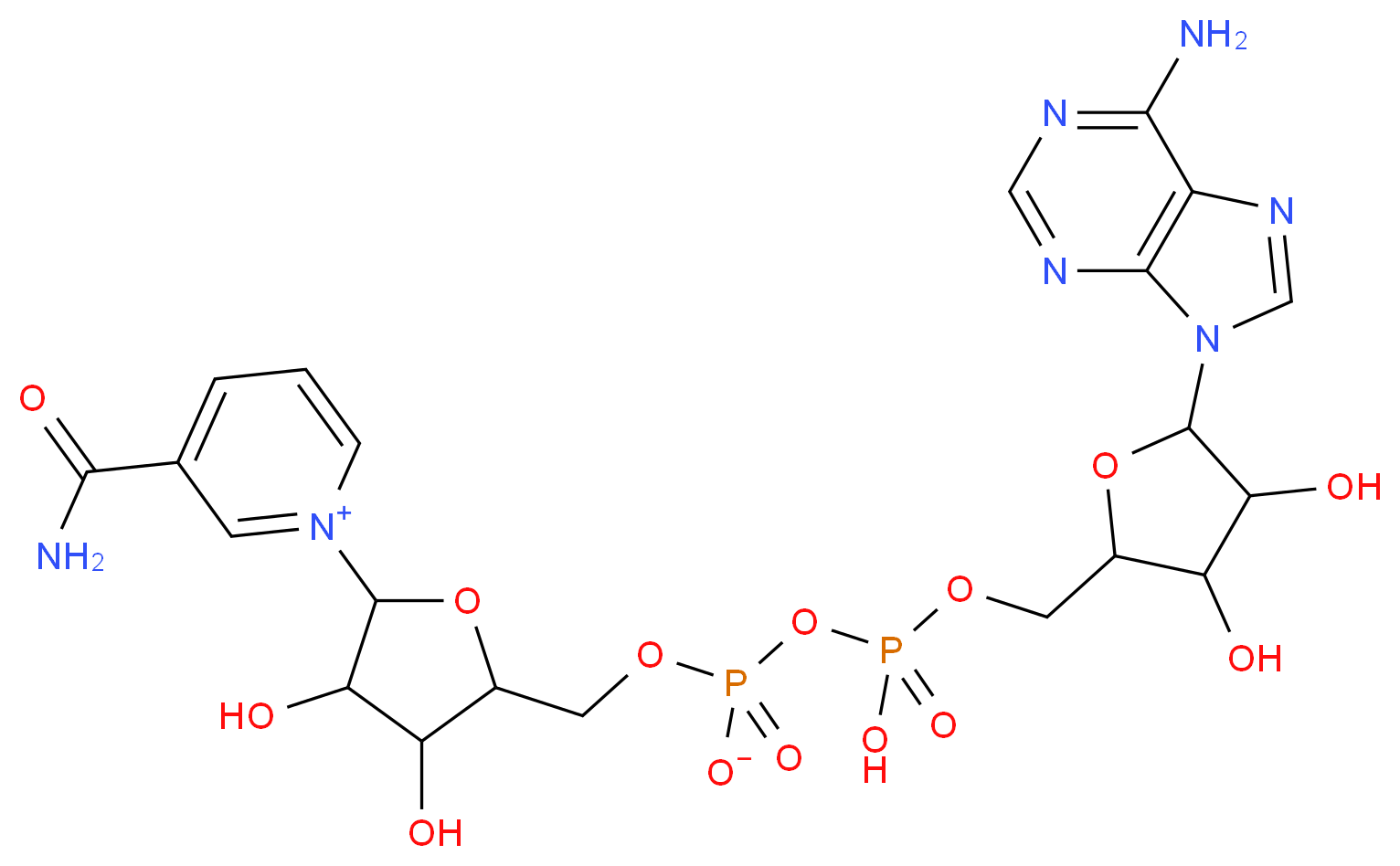 1-(5-{[({[5-(6-amino-9H-purin-9-yl)-3,4-dihydroxyoxolan-2-yl]methoxy}(hydroxy)phosphoryl phosphonato)oxy]methyl}-3,4-dihydroxyoxolan-2-yl)-3-carbamoyl-1$l^{5}-pyridin-1-ylium_分子结构_CAS_53-84-9