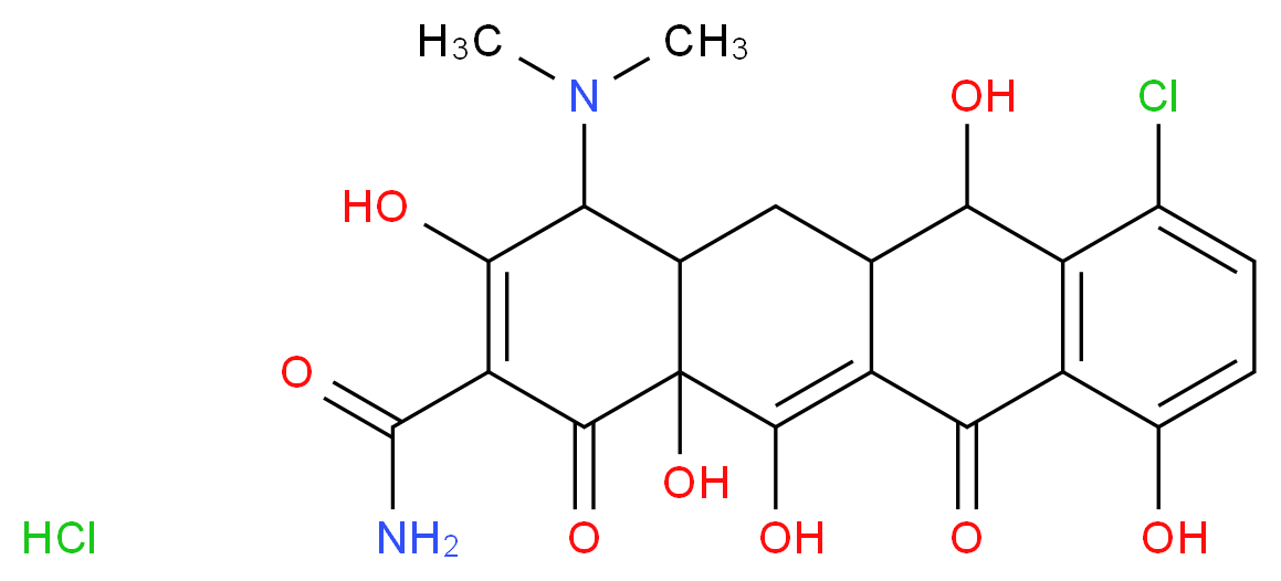 7-chloro-4-(dimethylamino)-3,6,10,12,12a-pentahydroxy-1,11-dioxo-1,4,4a,5,5a,6,11,12a-octahydrotetracene-2-carboxamide hydrochloride_分子结构_CAS_64-73-3