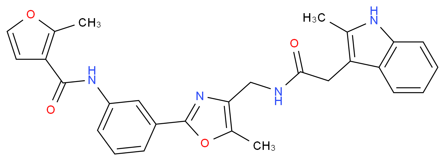 2-methyl-N-{3-[5-methyl-4-({[(2-methyl-1H-indol-3-yl)acetyl]amino}methyl)-1,3-oxazol-2-yl]phenyl}-3-furamide_分子结构_CAS_)