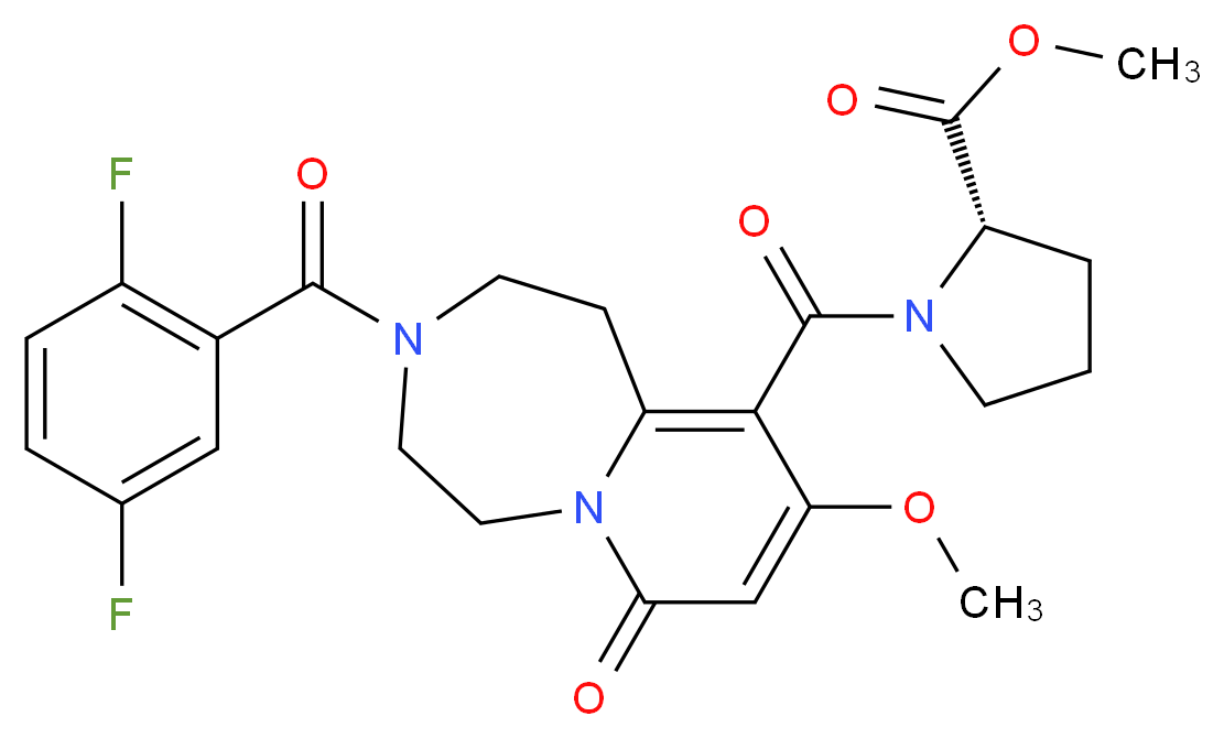 methyl 1-{[3-(2,5-difluorobenzoyl)-9-methoxy-7-oxo-1,2,3,4,5,7-hexahydropyrido[1,2-d][1,4]diazepin-10-yl]carbonyl}-L-prolinate_分子结构_CAS_)