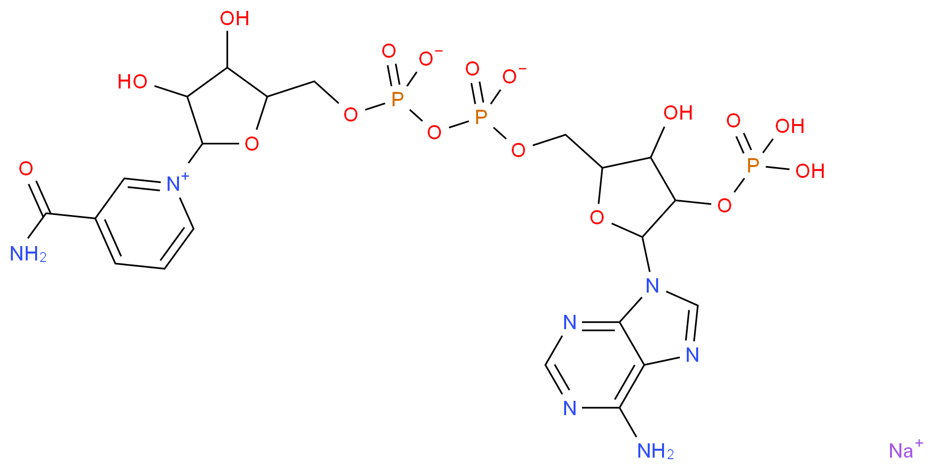 sodium 1-[5-({[({[5-(6-amino-9H-purin-9-yl)-3-hydroxy-4-(phosphonooxy)oxolan-2-yl]methyl phosphonato}oxy)phosphinato]oxy}methyl)-3,4-dihydroxyoxolan-2-yl]-3-carbamoyl-1λ<sup>5</sup>-pyridin-1-ylium_分子结构_CAS_698999-85-8