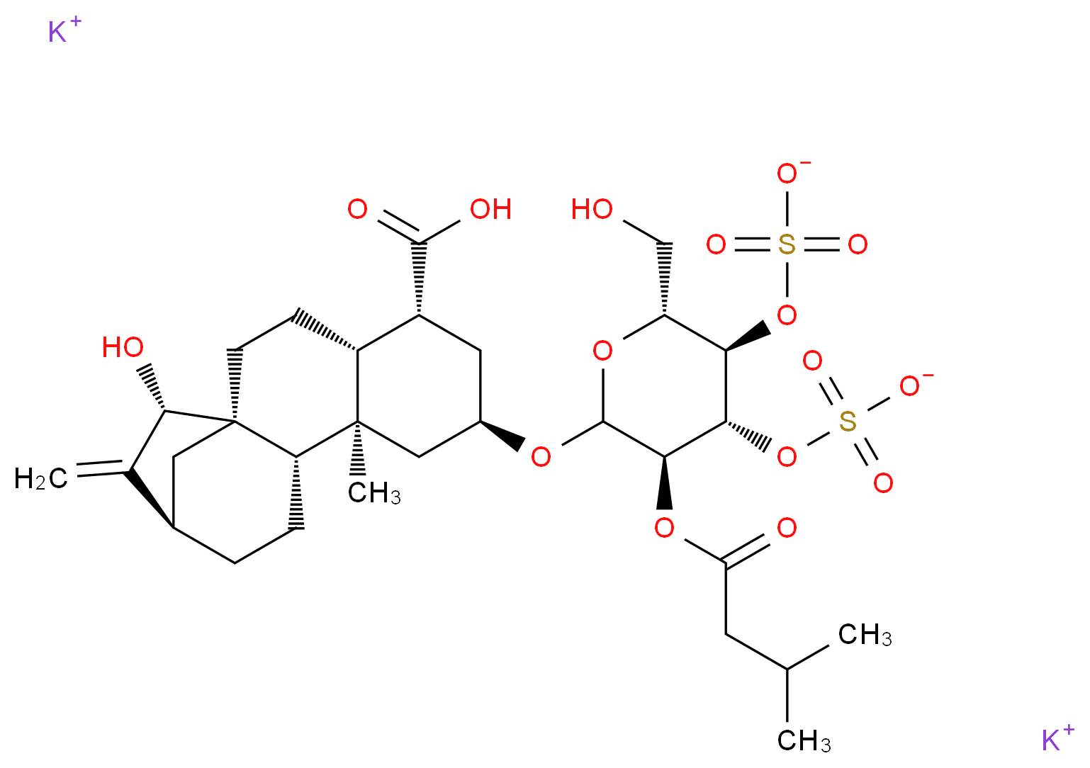 dipotassium (3R,4R,5R,6R)-2-{[(1R,4R,5R,7R,9R,10S,13R,15S)-5-carboxy-15-hydroxy-9-methyl-14-methylidenetetracyclo[11.2.1.0<sup>1</sup>,<sup>1</sup><sup>0</sup>.0<sup>4</sup>,<sup>9</sup>]hexadecan-7-yl]oxy}-6-(hydroxymethyl)-3-[(3-methylbutanoyl)oxy]-5-(sulfonatooxy)oxan-4-yl sulfate_分子结构_CAS_102130-43-8