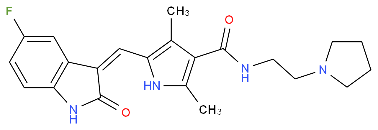 5-{[(3Z)-5-fluoro-2-oxo-2,3-dihydro-1H-indol-3-ylidene]methyl}-2,4-dimethyl-N-[2-(pyrrolidin-1-yl)ethyl]-1H-pyrrole-3-carboxamide_分子结构_CAS_356068-94-5