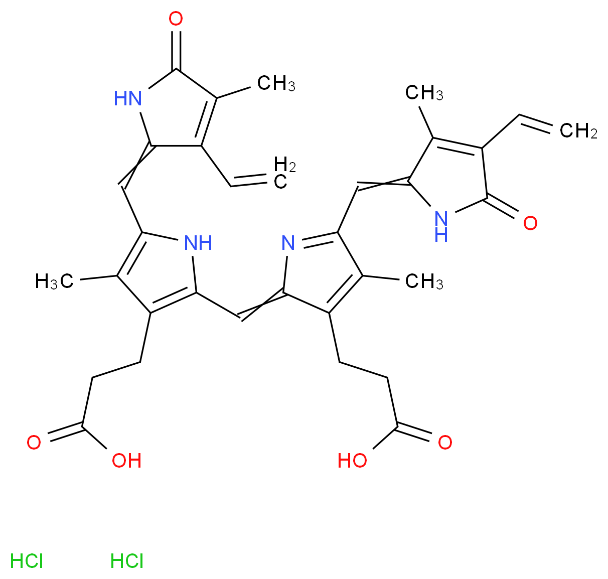 3-(2-{[3-(2-carboxyethyl)-5-[(4-ethenyl-3-methyl-5-oxo-2,5-dihydro-1H-pyrrol-2-ylidene)methyl]-4-methyl-2H-pyrrol-2-ylidene]methyl}-5-[(3-ethenyl-4-methyl-5-oxo-2,5-dihydro-1H-pyrrol-2-ylidene)methyl]-4-methyl-1H-pyrrol-3-yl)propanoic acid dihydrochloride_分子结构_CAS_55482-27-4