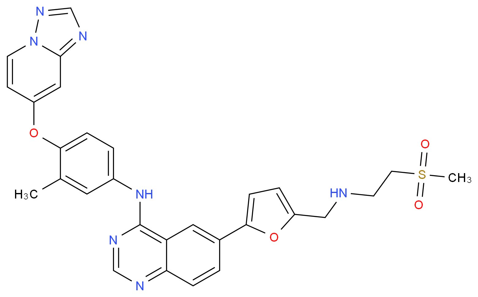 6-(5-{[(2-methanesulfonylethyl)amino]methyl}furan-2-yl)-N-(3-methyl-4-{[1,2,4]triazolo[1,5-a]pyridin-7-yloxy}phenyl)quinazolin-4-amine_分子结构_CAS_937265-83-3