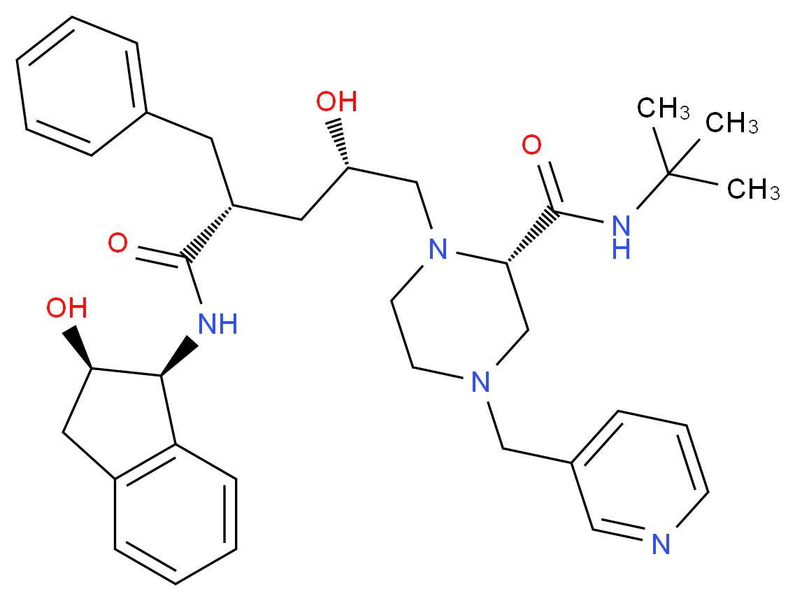 (2S)-1-[(2S,4R)-4-benzyl-2-hydroxy-4-{[(1S,2R)-2-hydroxy-2,3-dihydro-1H-inden-1-yl]carbamoyl}butyl]-N-tert-butyl-4-(pyridin-3-ylmethyl)piperazine-2-carboxamide_分子结构_CAS_150378-17-9