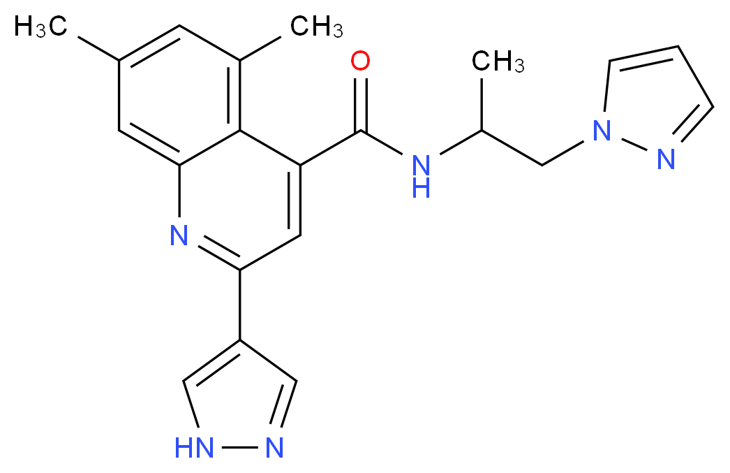 5,7-dimethyl-N-[1-methyl-2-(1H-pyrazol-1-yl)ethyl]-2-(1H-pyrazol-4-yl)quinoline-4-carboxamide_分子结构_CAS_)