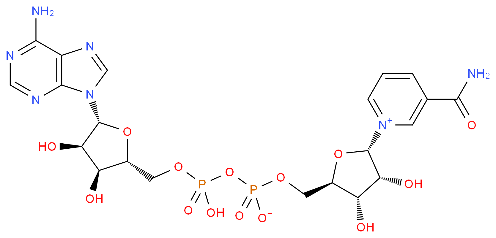 1-[(2S,3R,4S,5R)-5-{[({[(2R,3S,4R,5R)-5-(6-amino-9H-purin-9-yl)-3,4-dihydroxyoxolan-2-yl]methoxy}(hydroxy)phosphoryl phosphonato)oxy]methyl}-3,4-dihydroxyoxolan-2-yl]-3-carbamoyl-1λ<sup>5</sup>-pyridin-1-ylium_分子结构_CAS_7298-93-3