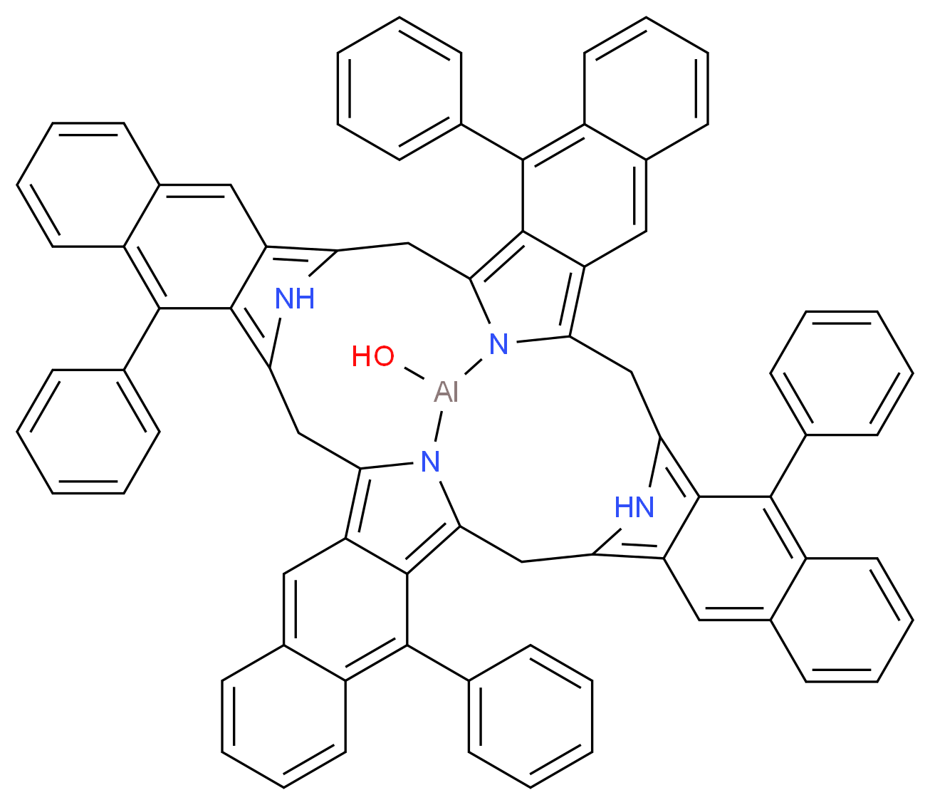 3,16,29,42-tetraphenyl-53,55,56,57-tetraaza-54-aluminatetradecacyclo[25.25.3.1<sup>1</sup><sup>4</sup>,<sup>2</sup><sup>5</sup>.1<sup>4</sup><sup>0</sup>,<sup>5</sup><sup>1</sup>.0<sup>2</sup>,<sup>1</sup><sup>1</sup>.0<sup>4</sup>,<sup>9</sup>.0<sup>1</sup><sup>2</sup>,<sup>5</sup><sup>3</sup>.0<sup>1</sup><sup>5</sup>,<sup>2</sup><sup>4</sup>.0<sup>1</sup><sup>7</sup>,<sup>2</sup><sup>2</sup>.0<sup>2</sup><sup>8</sup>,<sup>3</sup><sup>7</sup>.0<sup>3</sup><sup>0</sup>,<sup>3</sup><sup>5</sup>.0<sup>3</sup><sup>8</sup>,<sup>5</sup><sup>5</sup>.0<sup>4</sup><sup>1</sup>,<sup>5</sup><sup>0</sup>.0<sup>4</sup><sup>3</sup>,<sup>4</sup><sup>8</sup>]heptapentaconta-1,3,5,7,9,11,14,16,18,20,22,24,27,29,31,33,35,37,40,42,44,46,48,50-tetracosaen-54-ol_分子结构_CAS_132403-09-9