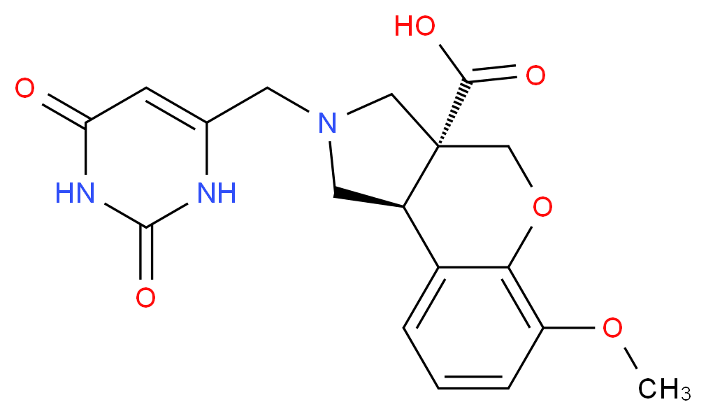 (3aR*,9bR*)-2-[(2,6-dioxo-1,2,3,6-tetrahydropyrimidin-4-yl)methyl]-6-methoxy-1,2,3,9b-tetrahydrochromeno[3,4-c]pyrrole-3a(4H)-carboxylic acid_分子结构_CAS_)