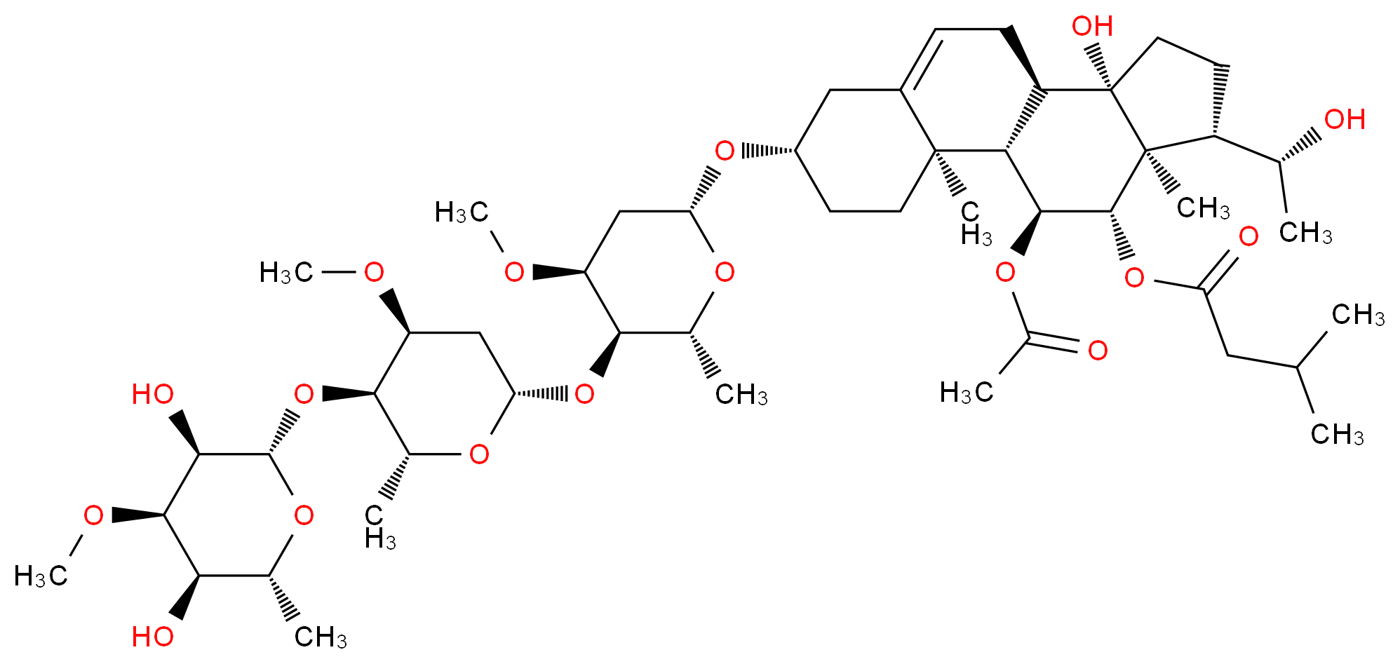 (1S,2R,5S,10R,11S,14S,15S,16S,17S)-17-(acetyloxy)-5-{[(2R,4S,5R,6R)-5-{[(2S,4S,5R,6R)-5-{[(2S,3R,4R,5R,6R)-3,5-dihydroxy-4-methoxy-6-methyloxan-2-yl]oxy}-4-methoxy-6-methyloxan-2-yl]oxy}-4-methoxy-6-methyloxan-2-yl]oxy}-11-hydroxy-14-[(1R)-1-hydroxyethyl]-2,15-dimethyltetracyclo[8.7.0.0<sup>2</sup>,<sup>7</sup>.0<sup>1</sup><sup>1</sup>,<sup>1</sup><sup>5</sup>]heptadec-7-en-16-yl 3-methylbutanoate_分子结构_CAS_98665-66-8
