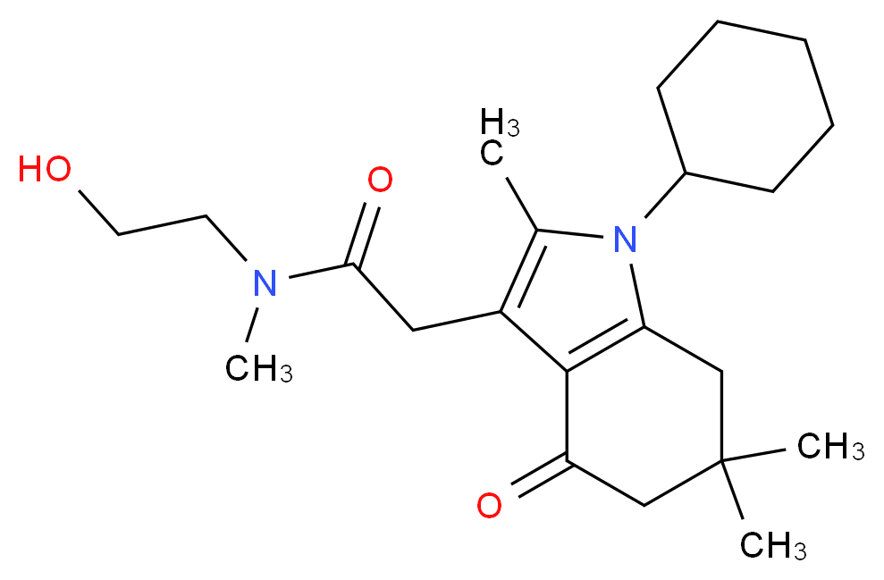 2-(1-cyclohexyl-2,6,6-trimethyl-4-oxo-4,5,6,7-tetrahydro-1H-indol-3-yl)-N-(2-hydroxyethyl)-N-methylacetamide_分子结构_CAS_)