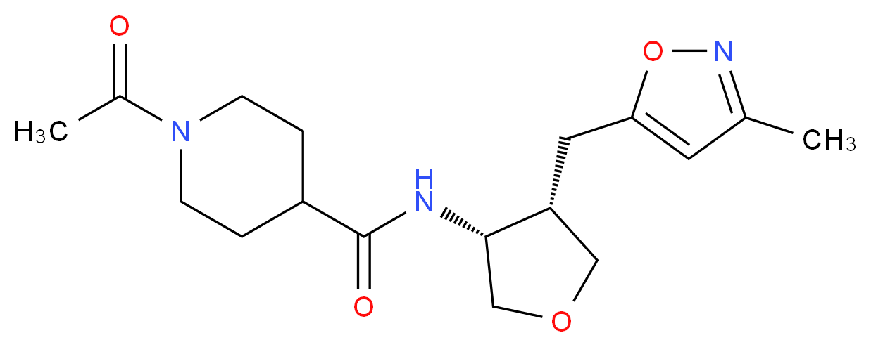 1-acetyl-N-{(3R*,4S*)-4-[(3-methylisoxazol-5-yl)methyl]tetrahydrofuran-3-yl}piperidine-4-carboxamide_分子结构_CAS_)
