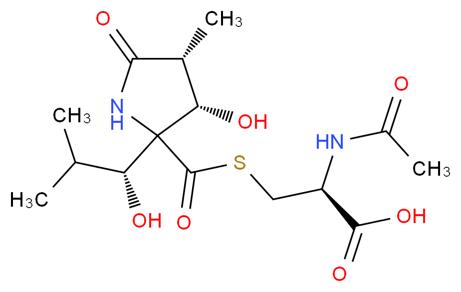 (2S)-2-acetamido-3-[(3S,4R)-3-hydroxy-2-[(1R)-1-hydroxy-2-methylpropyl]-4-methyl-5-oxopyrrolidine-2-carbonylsulfanyl]propanoic acid_分子结构_CAS_133343-34-7