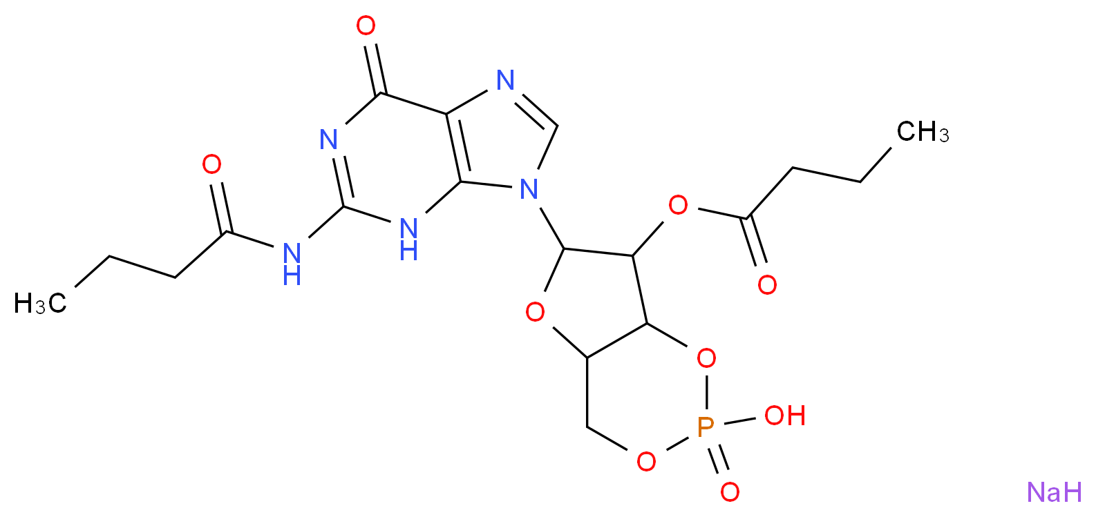 6-(2-butanamido-6-oxo-6,9-dihydro-3H-purin-9-yl)-2-hydroxy-2-oxo-hexahydro-1,3,5,2λ<sup>5</sup>-furo[3,2-d][1,3,2λ<sup>5</sup>]dioxaphosphinin-7-yl butanoate sodium_分子结构_CAS_51116-00-8