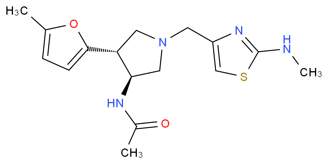 N-[(3S*,4R*)-1-{[2-(methylamino)-1,3-thiazol-4-yl]methyl}-4-(5-methyl-2-furyl)-3-pyrrolidinyl]acetamide_分子结构_CAS_)
