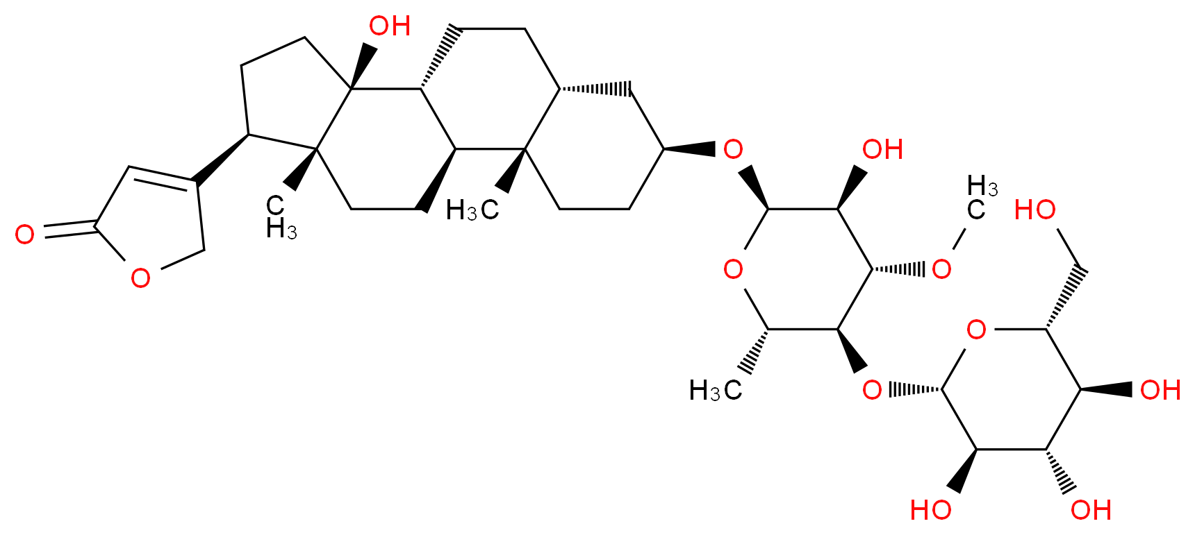 4-[(1S,2S,5S,7R,10R,11S,14R,15R)-11-hydroxy-5-{[(2R,3S,4S,5S,6S)-3-hydroxy-4-methoxy-6-methyl-5-{[(2S,3R,4S,5S,6R)-3,4,5-trihydroxy-6-(hydroxymethyl)oxan-2-yl]oxy}oxan-2-yl]oxy}-2,15-dimethyltetracyclo[8.7.0.0<sup>2</sup>,<sup>7</sup>.0<sup>1</sup><sup>1</sup>,<sup>1</sup><sup>5</sup>]heptadecan-14-yl]-2,5-dihydrofuran-2-one_分子结构_CAS_114586-47-9