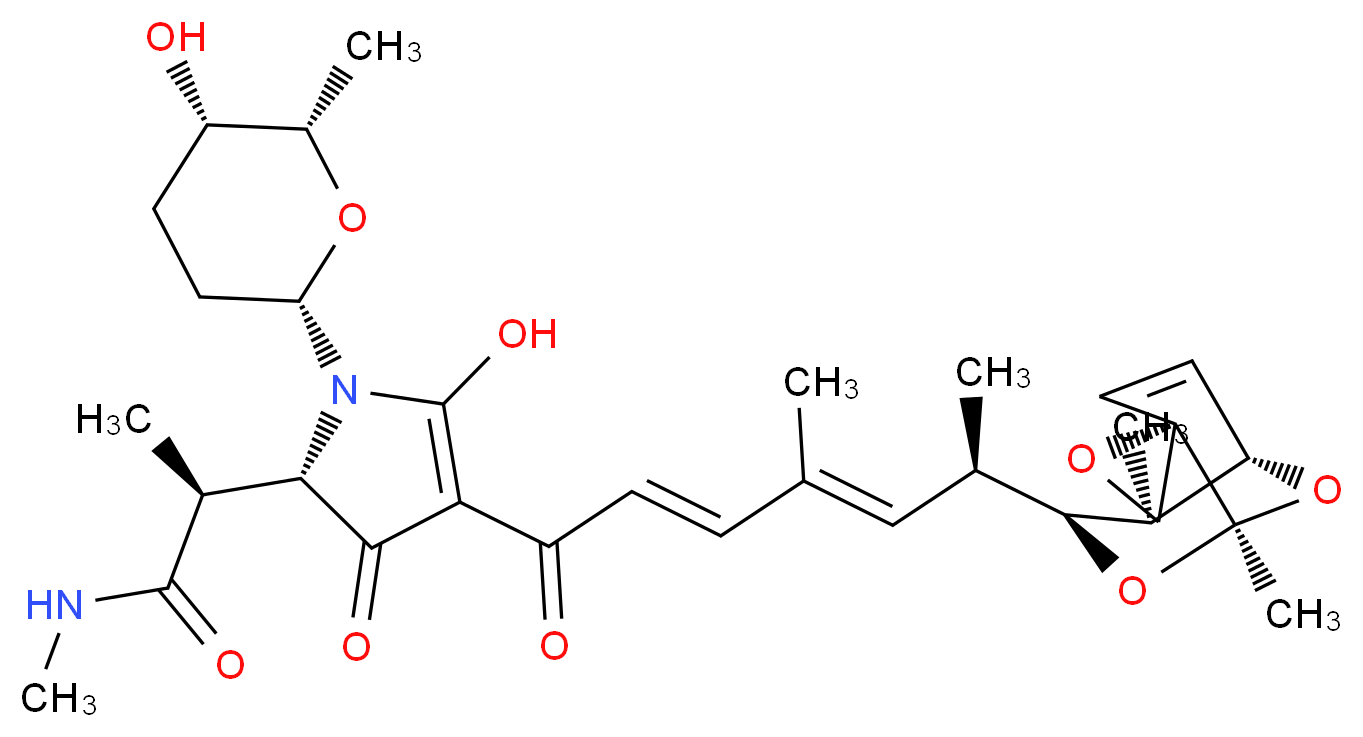 (2S)-2-[(2S)-4-[(2E,4E,6R)-6-[(1S,2S,5S,6S,7S)-1,6-dimethyl-8,9-dioxaspiro[bicyclo[3.3.1]nonane-2,2'-oxiran]-3-en-7-yl]-4-methylhepta-2,4-dienoyl]-5-hydroxy-1-[(2S,5S,6S)-5-hydroxy-6-methyloxan-2-yl]-3-oxo-2,3-dihydro-1H-pyrrol-2-yl]-N-methylpropanamide_分子结构_CAS_7229-50-7