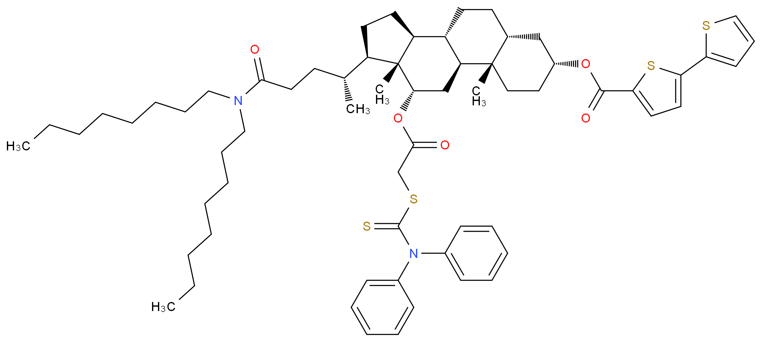 (1S,2S,5R,7R,10R,11S,14R,15R,16S)-14-[(2R)-4-(dioctylcarbamoyl)butan-2-yl]-16-({2-[(diphenylcarbamothioyl)sulfanyl]acetyl}oxy)-2,15-dimethyltetracyclo[8.7.0.0<sup>2</sup>,<sup>7</sup>.0<sup>1</sup><sup>1</sup>,<sup>1</sup><sup>5</sup>]heptadecan-5-yl 5-(thiophen-2-yl)thiophene-2-carboxylate_分子结构_CAS_1131580-96-5