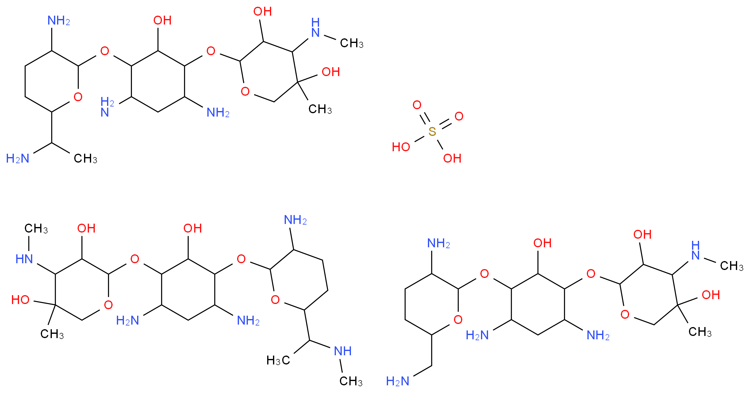 2-[(4,6-diamino-3-{[3-amino-6-(1-aminoethyl)oxan-2-yl]oxy}-2-hydroxycyclohexyl)oxy]-5-methyl-4-(methylamino)oxane-3,5-diol; 2-[(4,6-diamino-3-{[3-amino-6-(aminomethyl)oxan-2-yl]oxy}-2-hydroxycyclohexyl)oxy]-5-methyl-4-(methylamino)oxane-3,5-diol; 2-{[4,6-diamino-3-({3-amino-6-[1-(methylamino)ethyl]oxan-2-yl}oxy)-2-hydroxycyclohexyl]oxy}-5-methyl-4-(methylamino)oxane-3,5-diol; sulfuric acid_分子结构_CAS_1405-41-0