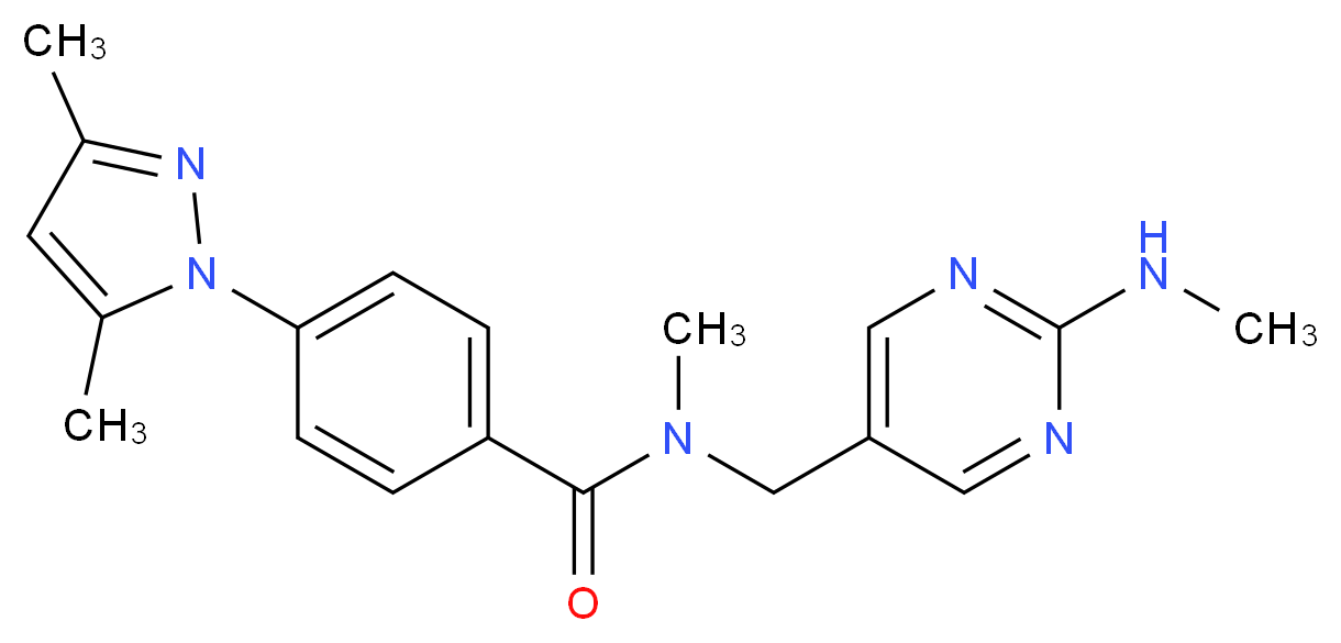 4-(3,5-dimethyl-1H-pyrazol-1-yl)-N-methyl-N-{[2-(methylamino)-5-pyrimidinyl]methyl}benzamide_分子结构_CAS_)