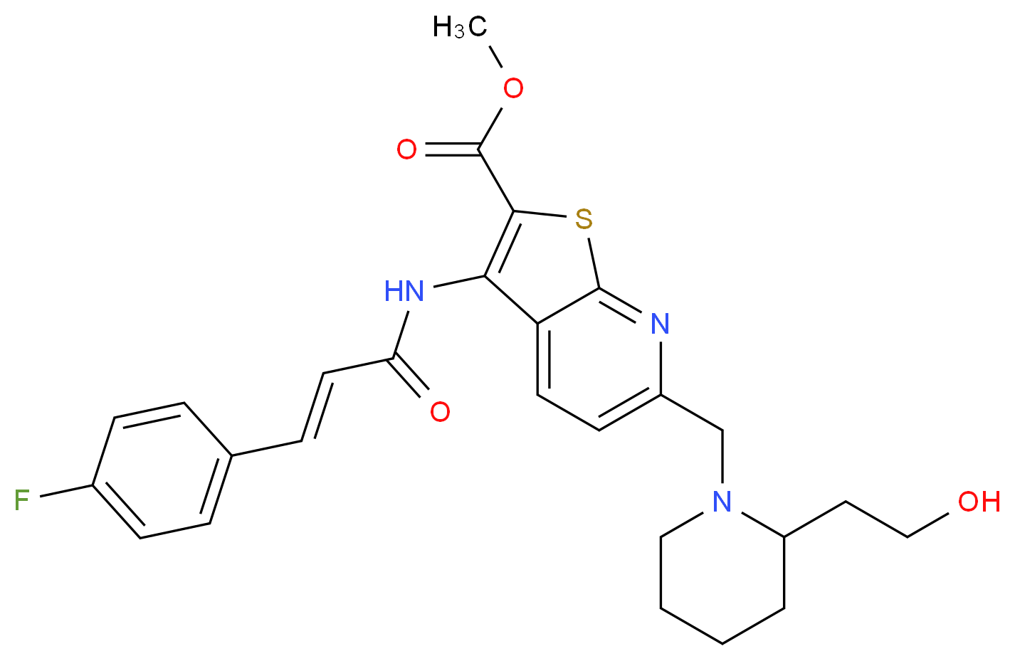 methyl 3-{[(2E)-3-(4-fluorophenyl)-2-propenoyl]amino}-6-{[2-(2-hydroxyethyl)-1-piperidinyl]methyl}thieno[2,3-b]pyridine-2-carboxylate_分子结构_CAS_)