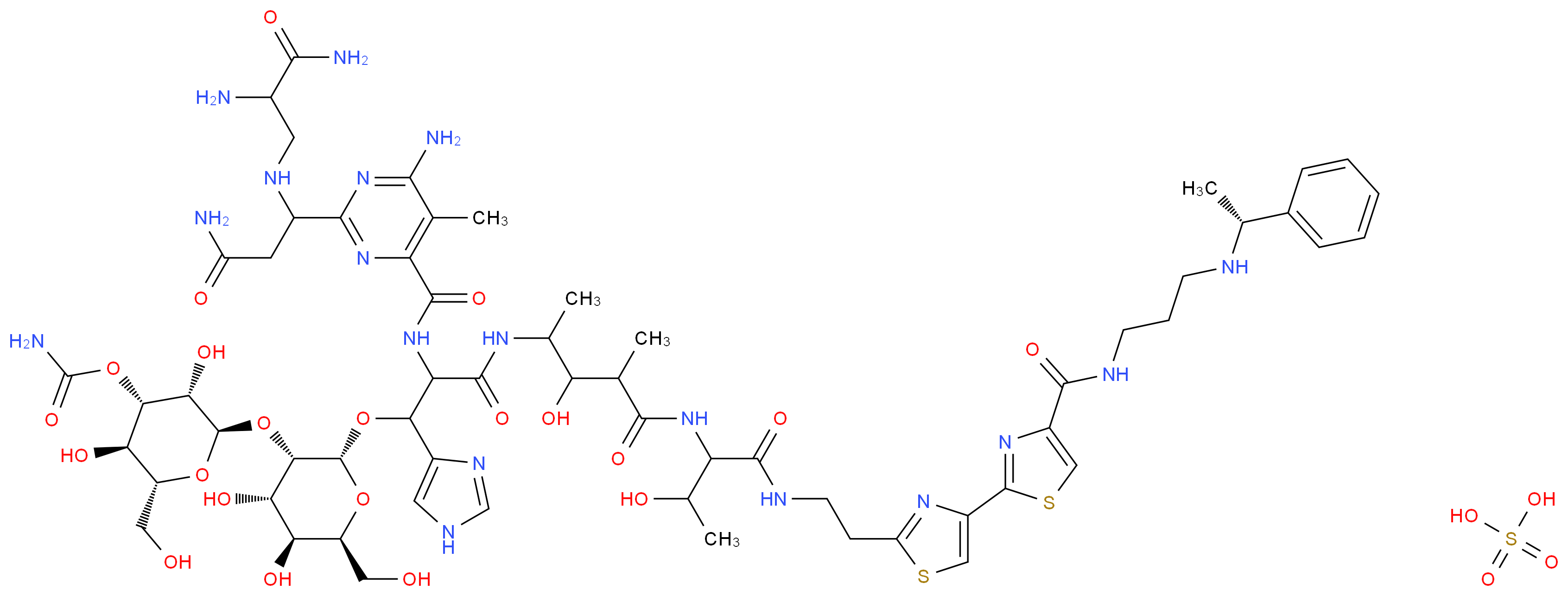 sulfuric acid (2R,3S,4S,5R,6R)-2-{[(2R,3S,4S,5S,6S)-2-{2-[(6-amino-2-{1-[(2-amino-2-carbamoylethyl)amino]-2-carbamoylethyl}-5-methylpyrimidin-4-yl)formamido]-2-({3-hydroxy-4-[(2-hydroxy-1-{[2-(4-{4-[(3-{[(1R)-1-phenylethyl]amino}propyl)carbamoyl]-1,3-thiazol-2-yl}-1,3-thiazol-2-yl)ethyl]carbamoyl}propyl)carbamoyl]-4-methylbutan-2-yl}carbamoyl)-1-(1H-imidazol-4-yl)ethoxy}-4,5-dihydroxy-6-(hydroxymethyl)oxan-3-yl]oxy}-3,5-dihydroxy-6-(hydroxymethyl)oxan-4-yl carbamate_分子结构_CAS_70384-29-1
