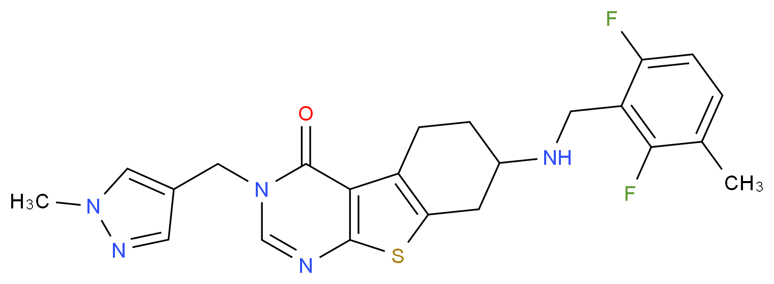 7-[(2,6-difluoro-3-methylbenzyl)amino]-3-[(1-methyl-1H-pyrazol-4-yl)methyl]-5,6,7,8-tetrahydro[1]benzothieno[2,3-d]pyrimidin-4(3H)-one_分子结构_CAS_)