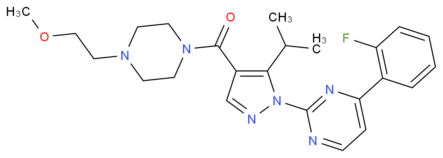4-(2-fluorophenyl)-2-(5-isopropyl-4-{[4-(2-methoxyethyl)-1-piperazinyl]carbonyl}-1H-pyrazol-1-yl)pyrimidine_分子结构_CAS_)