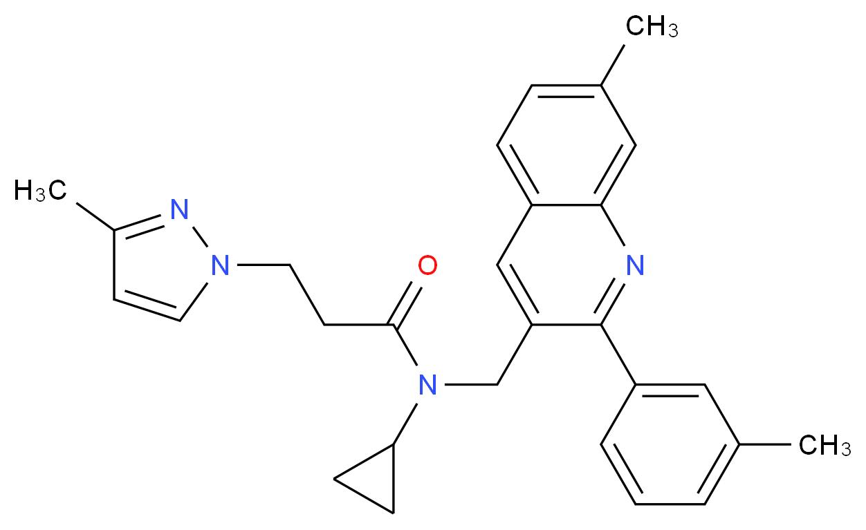 N-cyclopropyl-N-{[7-methyl-2-(3-methylphenyl)-3-quinolinyl]methyl}-3-(3-methyl-1H-pyrazol-1-yl)propanamide_分子结构_CAS_)