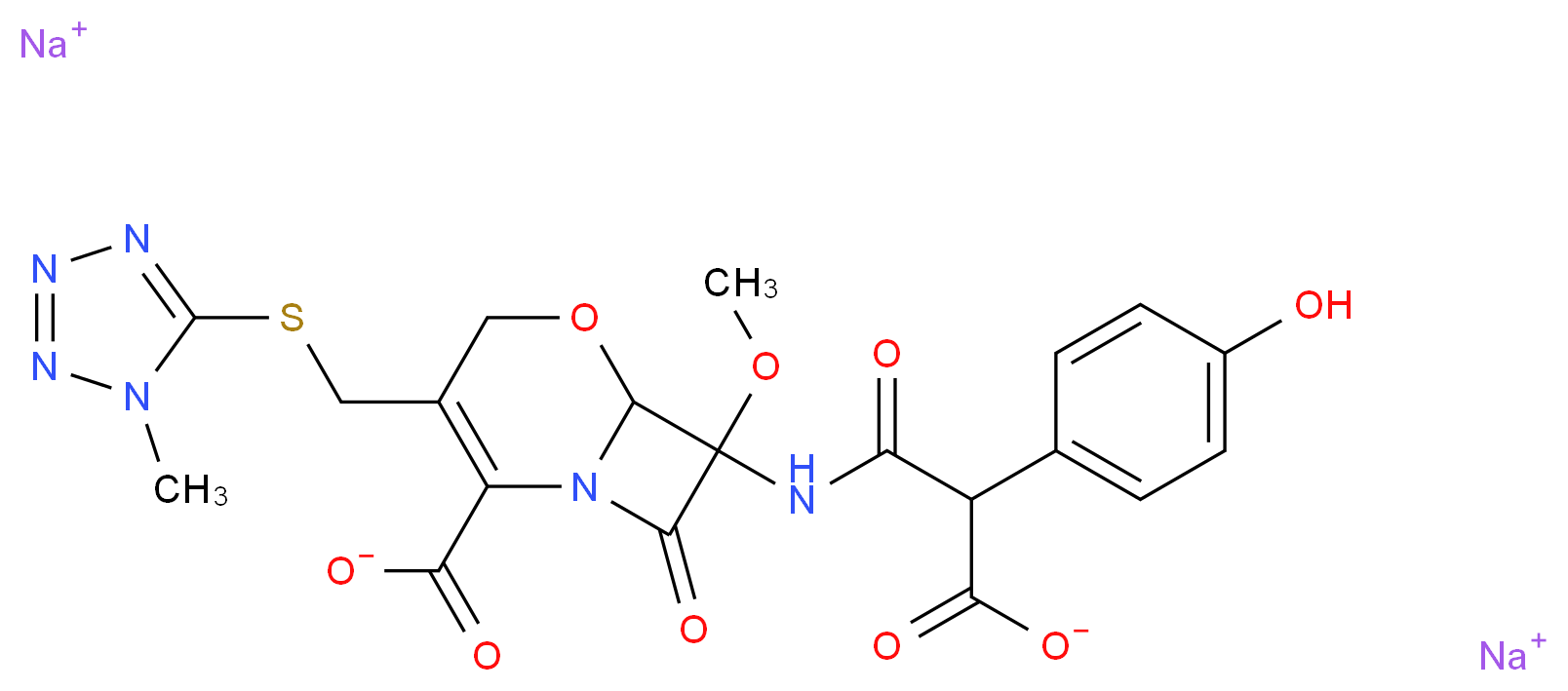 disodium 7-[2-carboxylato-2-(4-hydroxyphenyl)acetamido]-7-methoxy-3-{[(1-methyl-1H-1,2,3,4-tetrazol-5-yl)sulfanyl]methyl}-8-oxo-5-oxa-1-azabicyclo[4.2.0]oct-2-ene-2-carboxylate_分子结构_CAS_64953-12-4