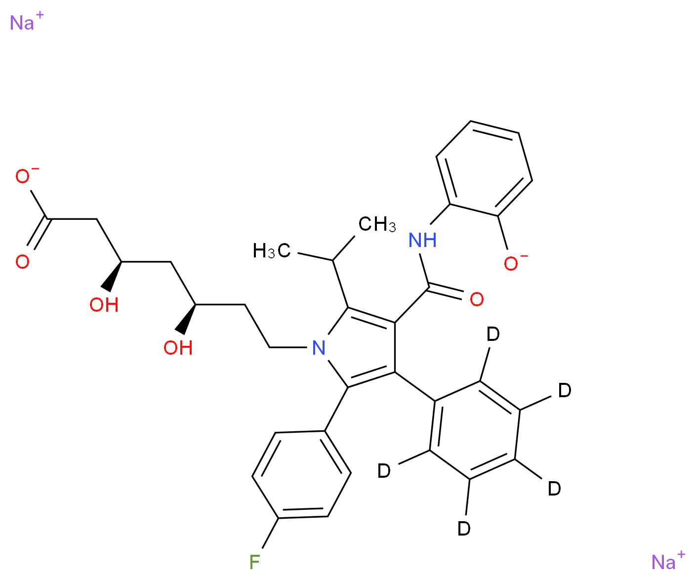 disodium (3R,5R)-7-[2-(4-fluorophenyl)-4-[(2-oxidophenyl)carbamoyl]-3-(<sup>2</sup>H<sub>5</sub>)phenyl-5-(propan-2-yl)-1H-pyrrol-1-yl]-3,5-dihydroxyheptanoate_分子结构_CAS_1276537-19-9