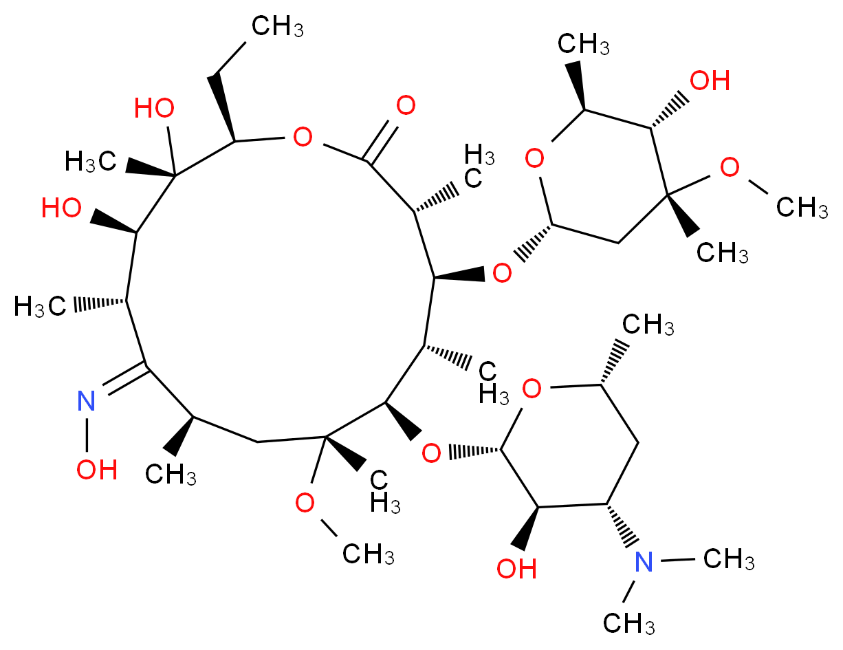 (3R,4S,5S,6R,7R,9R,10E,11S,12R,13S,14R)-6-{[(2S,3R,4S,6R)-4-(dimethylamino)-3-hydroxy-6-methyloxan-2-yl]oxy}-14-ethyl-12,13-dihydroxy-4-{[(2R,4R,5S,6S)-5-hydroxy-4-methoxy-4,6-dimethyloxan-2-yl]oxy}-10-(hydroxyimino)-7-methoxy-3,5,7,9,11,13-hexamethyl-1-oxacyclotetradecan-2-one_分子结构_CAS_103450-87-9