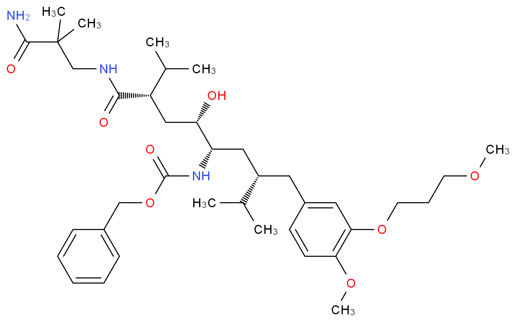 benzyl N-[(1S,3S,4S,6S)-1-[(2-carbamoyl-2,2-dimethylethyl)carbamoyl]-3-hydroxy-6-{[4-methoxy-3-(3-methoxypropoxy)phenyl]methyl}-7-methyl-1-(propan-2-yl)octan-4-yl]carbamate_分子结构_CAS_1236549-06-6