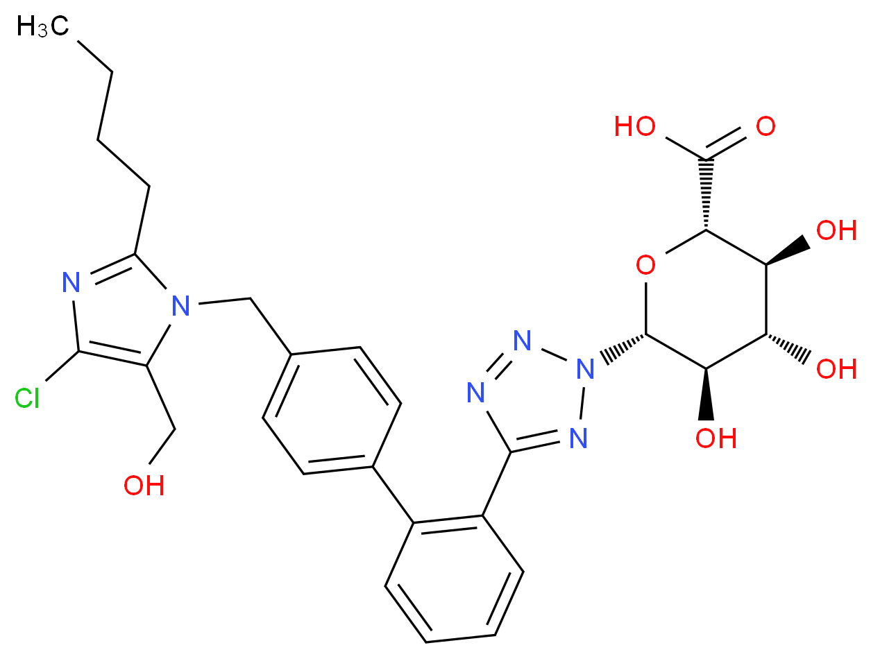 (2S,3S,4S,5R,6R)-6-{5-[2-(4-{[2-butyl-4-chloro-5-(hydroxymethyl)-1H-imidazol-1-yl]methyl}phenyl)phenyl]-2H-1,2,3,4-tetrazol-2-yl}-3,4,5-trihydroxyoxane-2-carboxylic acid_分子结构_CAS_138584-35-7