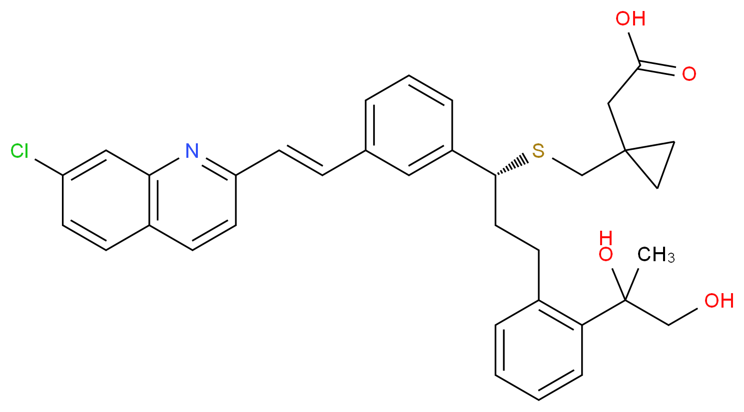 2-[1-({[(1R)-1-{3-[(E)-2-(7-chloroquinolin-2-yl)ethenyl]phenyl}-3-[2-(1,2-dihydroxypropan-2-yl)phenyl]propyl]sulfanyl}methyl)cyclopropyl]acetic acid_分子结构_CAS_186352-97-6