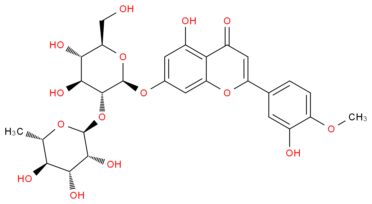 7-{[(2S,3R,4S,5S,6R)-4,5-dihydroxy-6-(hydroxymethyl)-3-{[(2S,3R,4R,5R,6S)-3,4,5-trihydroxy-6-methyloxan-2-yl]oxy}oxan-2-yl]oxy}-5-hydroxy-2-(3-hydroxy-4-methoxyphenyl)-4H-chromen-4-one_分子结构_CAS_38665-01-9