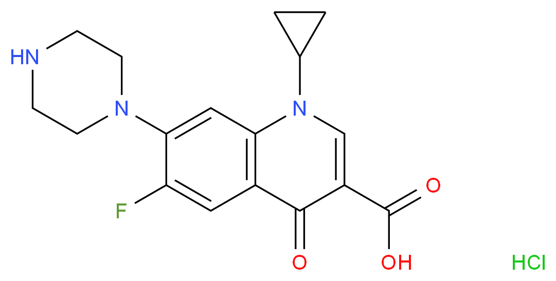 1-cyclopropyl-6-fluoro-4-oxo-7-(piperazin-1-yl)-1,4-dihydroquinoline-3-carboxylic acid hydrochloride_分子结构_CAS_86393-32-0