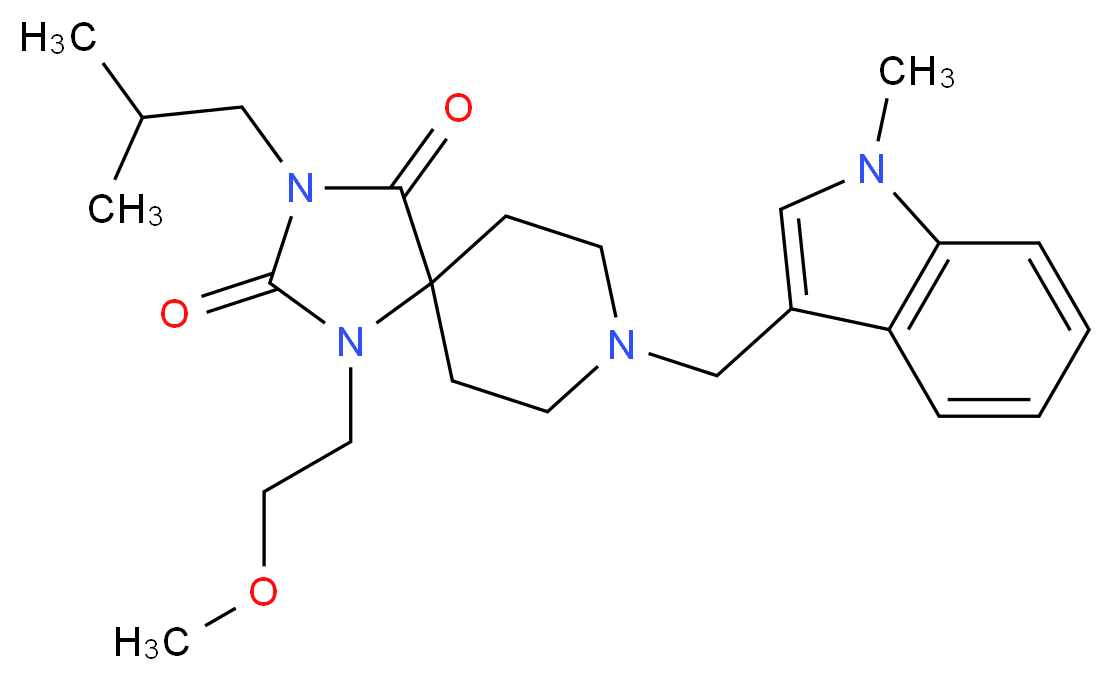 3-isobutyl-1-(2-methoxyethyl)-8-[(1-methyl-1H-indol-3-yl)methyl]-1,3,8-triazaspiro[4.5]decane-2,4-dione_分子结构_CAS_)