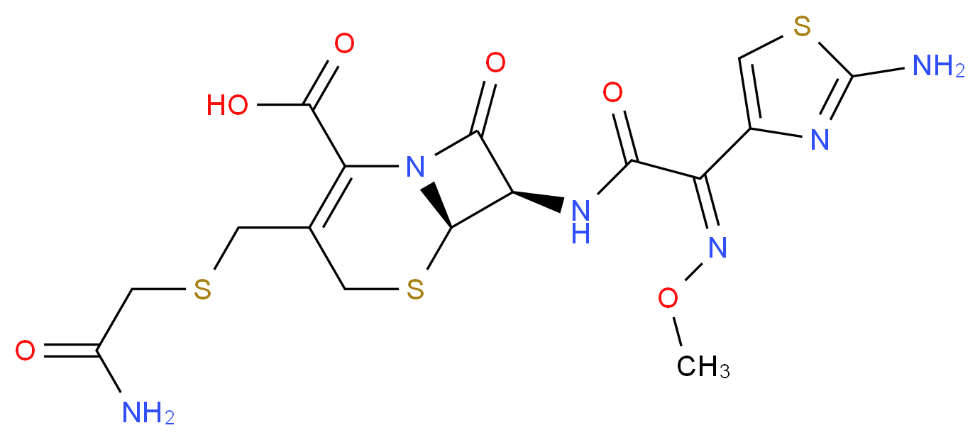 (6R,7R)-7-[(2Z)-2-(2-amino-1,3-thiazol-4-yl)-2-(methoxyimino)acetamido]-3-{[(carbamoylmethyl)sulfanyl]methyl}-8-oxo-5-thia-1-azabicyclo[4.2.0]oct-2-ene-2-carboxylic acid_分子结构_CAS_120882-25-9