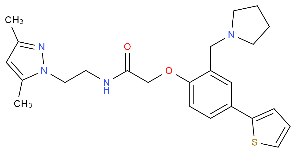 N-[2-(3,5-dimethyl-1H-pyrazol-1-yl)ethyl]-2-[2-(1-pyrrolidinylmethyl)-4-(2-thienyl)phenoxy]acetamide_分子结构_CAS_)