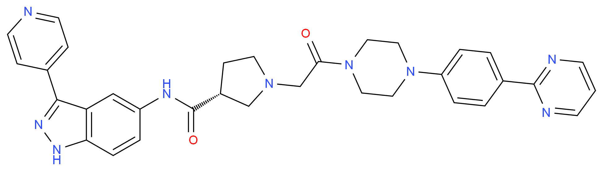 (3R)-1-(2-oxo-2-{4-[4-(pyrimidin-2-yl)phenyl]piperazin-1-yl}ethyl)-N-[3-(pyridin-4-yl)-1H-indazol-5-yl]pyrrolidine-3-carboxamide_分子结构_CAS_942183-80-4