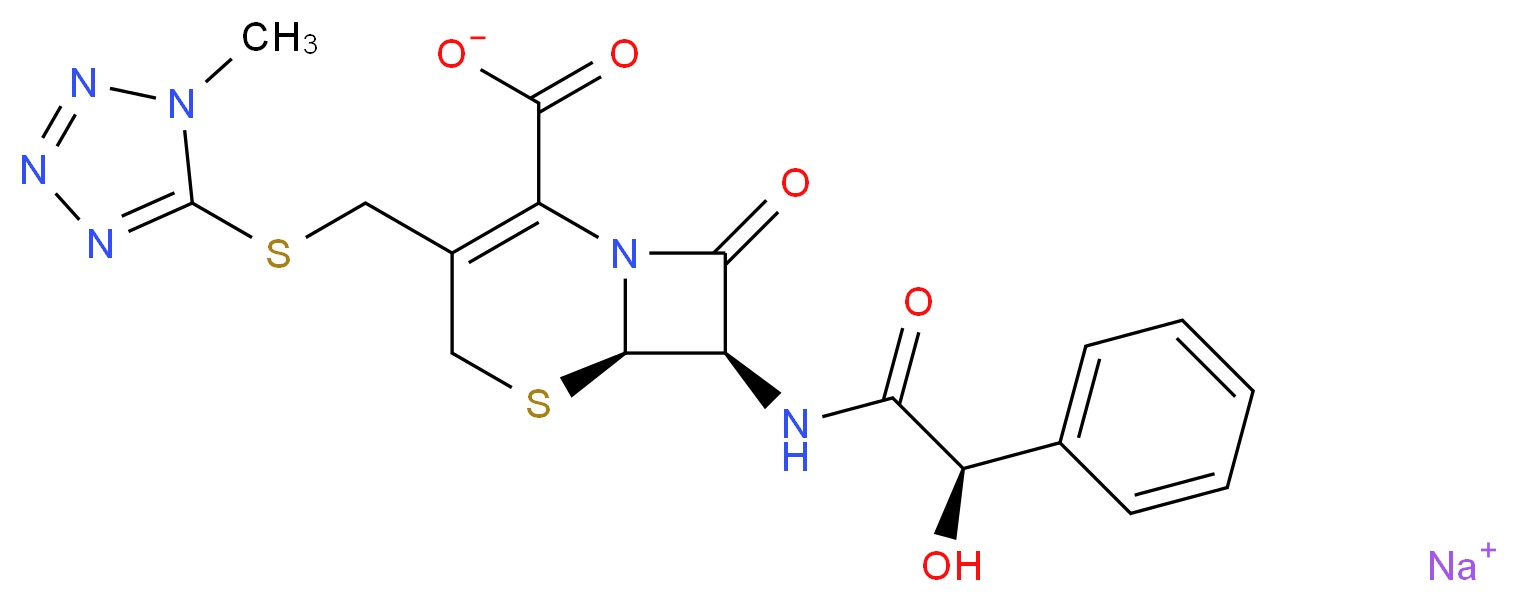 sodium (6R,7R)-7-[(2R)-2-hydroxy-2-phenylacetamido]-3-{[(1-methyl-1H-1,2,3,4-tetrazol-5-yl)sulfanyl]methyl}-8-oxo-5-thia-1-azabicyclo[4.2.0]oct-2-ene-2-carboxylate_分子结构_CAS_30034-03-8